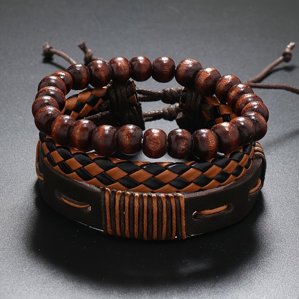 Multi-Layered Leather Bracelet Set - Casual Style PU Leather Bracelets f…